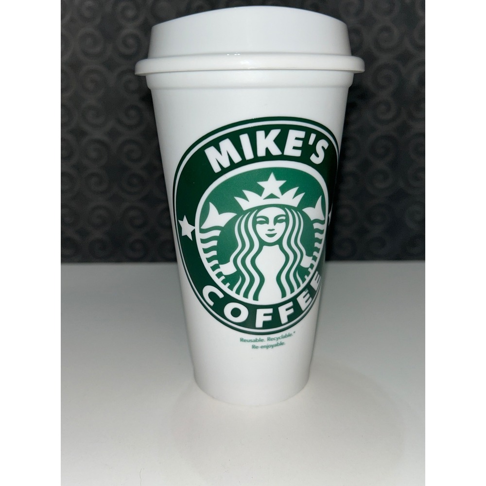 Starbucks White Reusable Coffee Cup Mike's Coffee Green Logo‎ Collectible